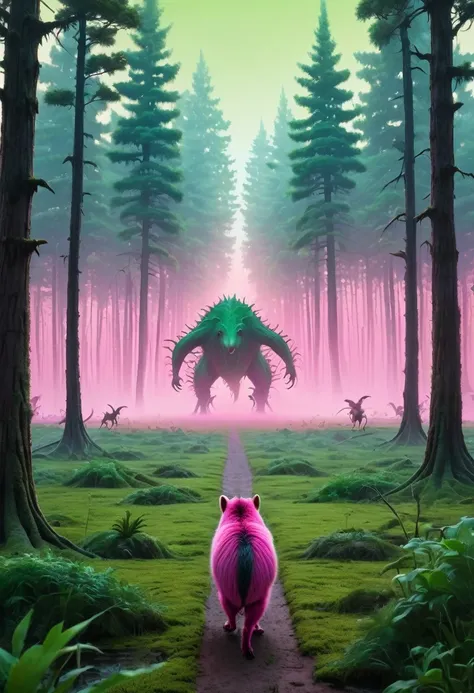 A pink haze obscures the horizon, green trees line up in rows in the distance, a sparse growth, A giant six-legged monster, walks across the shimmering swamp and catches running ground squirrels