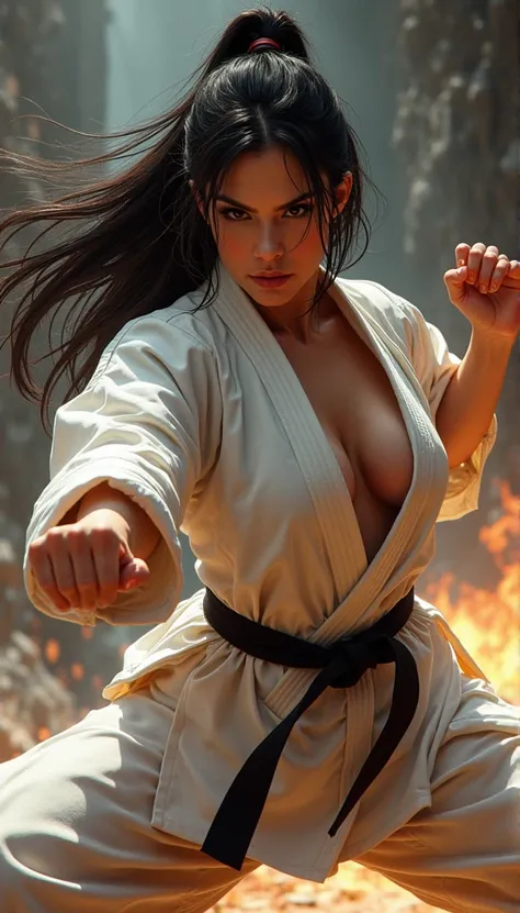 Realistic busty 35yo woman,Karateka,hokuto no ken,ultimate form,8k,erotic obscene Performance Special move,