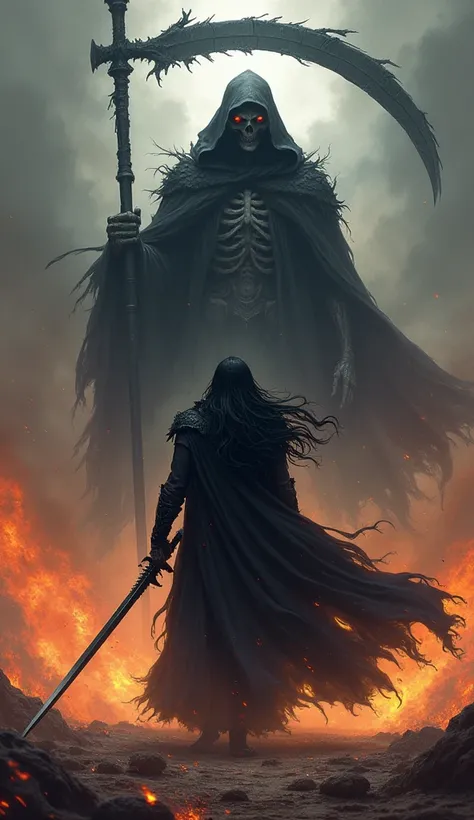 In a dramatic scene, Vortex stands tall in the foreground, his long black hair flowing and his pale complexion contrasting with the fiery battlefield. He holds his black sword in concentration, its blade pointing skyward and glowing with the dark energy of...