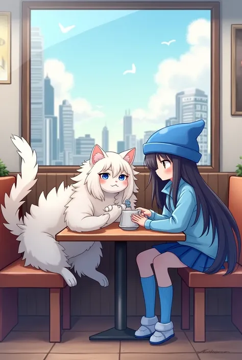 Long-haired cat, Long-haired girl, black haired, It has a white tail and wears a blue hat., wearing a blue sweater, wearing long blue socks, City Backdrop, sitting at a restaurant,