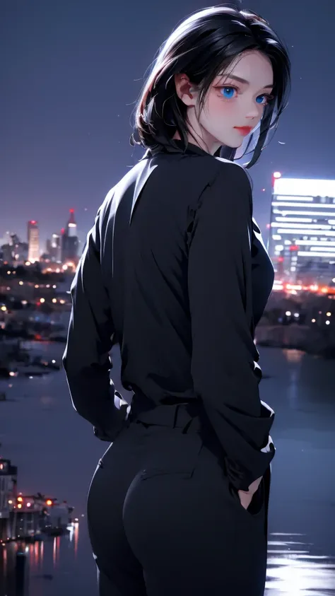 1 girl, medium light black hair, light blue eyes, wearing Black suit 4D , night city, absurdres , high res, ultrasharp, 8K, masterpiece, looking from behind