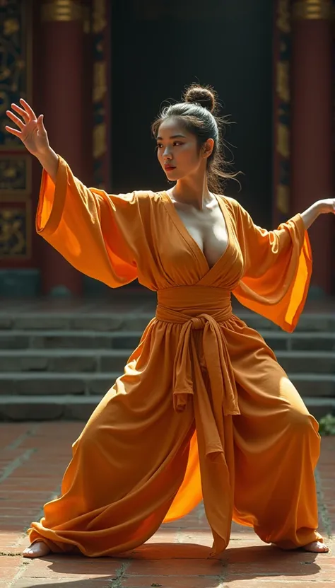 Realistic busty 35yo woman,Karateka,shaolin temple,ultimate form,8k,erotic obscene Performance