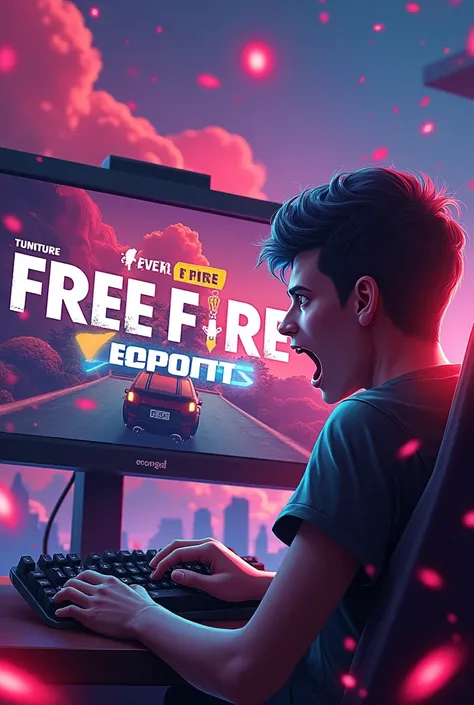 Make a thumbnail for free fire video , with ESPORTS announcement  and a human in right side is shocked 