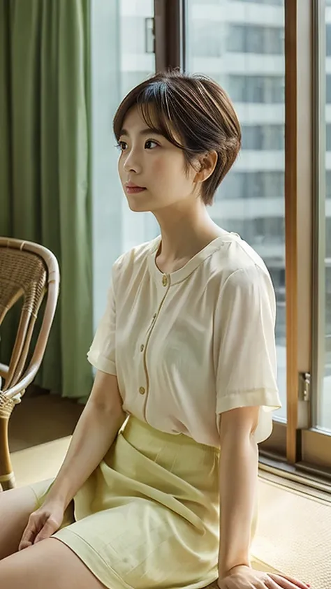 Japanese　40year old woman　Short Hair、double　The whole picture　clear

古いApartment room background、Sitting、Lonely look、涙を流している、Gazing into the distance、Plain summer short-sleeved shirt、mini skirt、