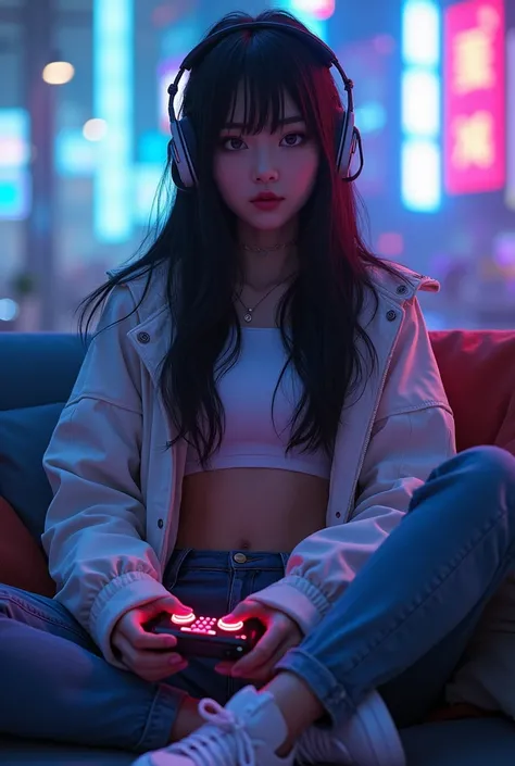 The gamer background is a beautiful girl like a Korean, playing games, long and straight hair,Wearing a crop top and top jacket, wearing ankle pants, wearing sneakers, high detail