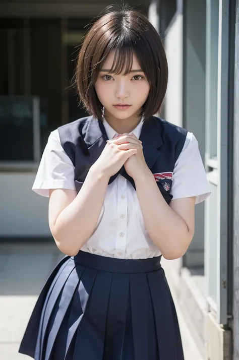 Highest quality,masterpiece,(Realistic:1.4),RAW Photos,(Real skin texture_1.3),One person,alone,bangs,short hair,japan,Wearing a high school uniform 、She is holding her skirts with both hands, revealing a glimpse of her panty.、The background is a school,