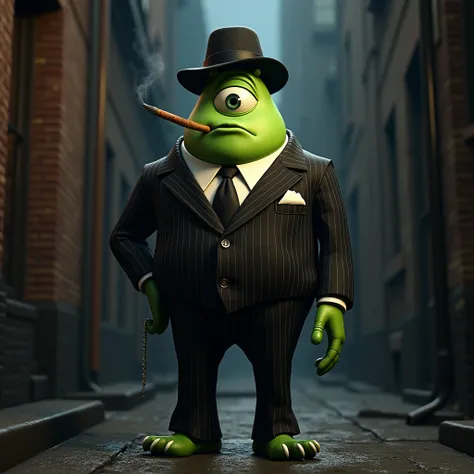 mike wazowski smoking ciggar with a gangster suit