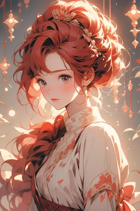 The image depicts a figure looking up, featuring detailed red hair tied into a messy bun. The hair is adorned with small, decorative red hairbands. The figure is wearing a plaid shirt in shades of red and cream. The art style is delicate and imaginative, c...