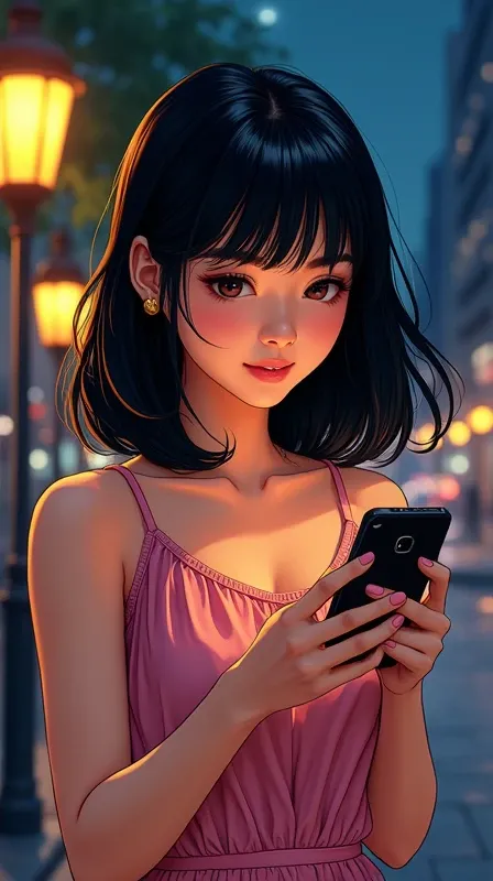 20th Generation、Cute Dress、Close-up of a mobile phone screen、Operating a mobile phone、Black Hair、Hair is shoulder length、Midnight、Street lamp light、American comic style、American comic styleを忘れないで