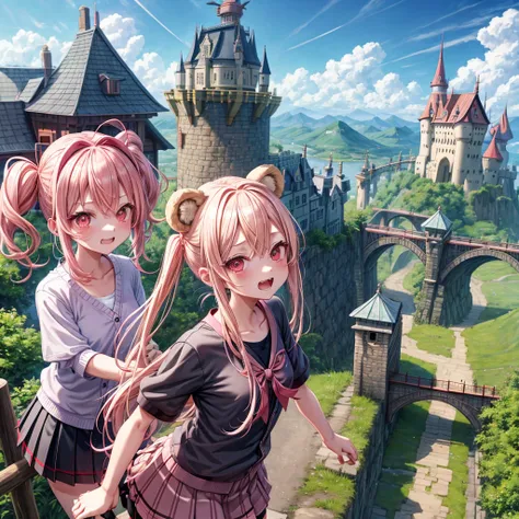 Pink Blonde、Red eyes、Hair tied up、Two cute、Checked mini skirt、black t-shirts、cardigan、Knee-high socks、bear ears baseball cap、Teeth are visible、Monster Castle、Tilting face、crossing the bridge、hazakura、windmill、grass、Stones are growing out of the ground.、imp...