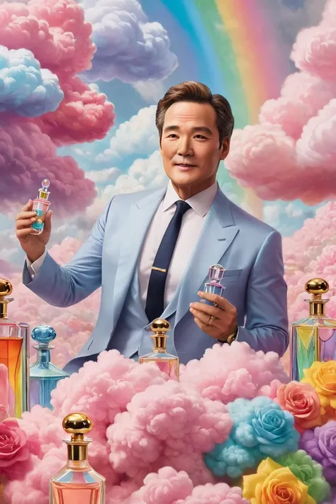 "a lavish scene with the leader surrounded by towering, comically oversized perfume bottles, each emitting a rainbow of scented ...