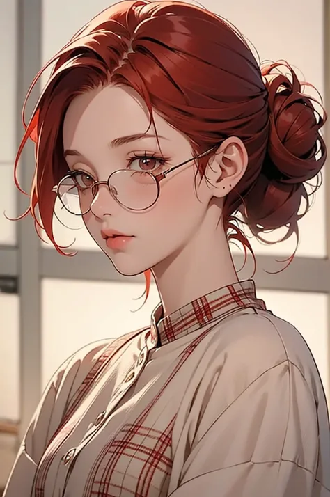 The image depicts a figure looking up, featuring detailed red hair tied into a messy bun. The hair is adorned with small, decorative red hairbands. The figure is wearing a plaid shirt in shades of red and cream. The art style is delicate and imaginative, c...