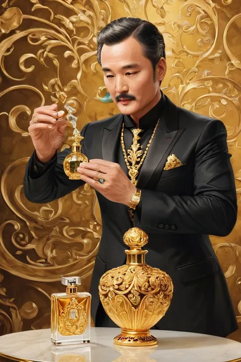 "the leader applying perfume from an extravagant, golden bottle with exaggerated elegance, while cartoonish fragrance trails for...