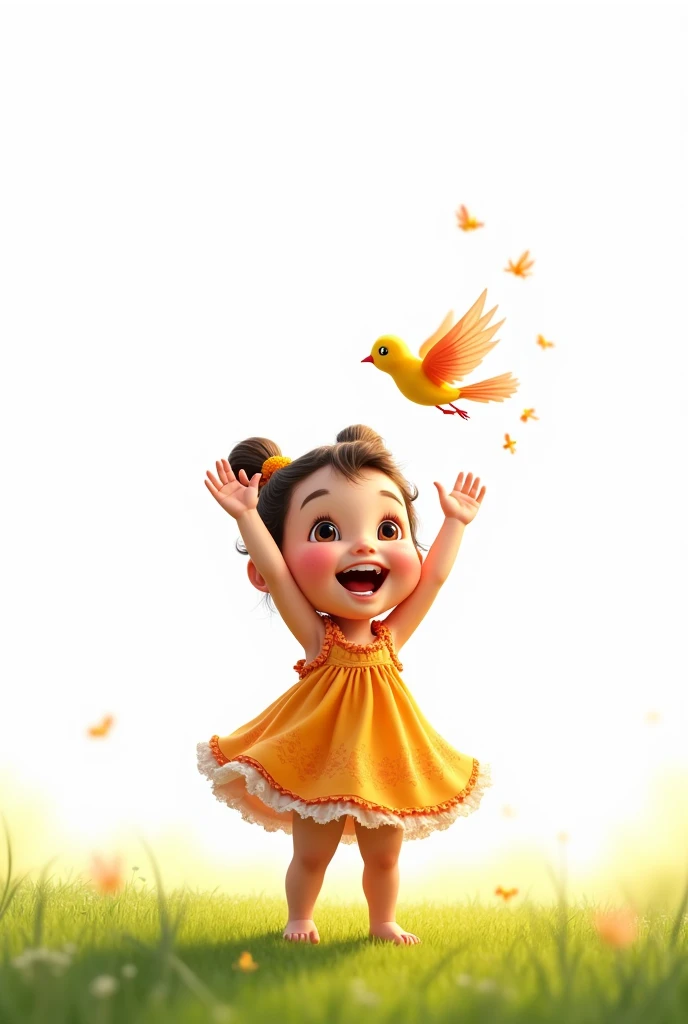 white background,Little baby girl,waring colorful frock ,stand on grass,rais her hands,flying little bird
