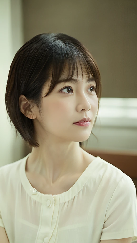 Japanese　40year old woman　、Bust up images、Short Hair、double　The whole picture　clear

古いApartment room background、Sitting、Lonely look、Close-up of face、Tears flowing、Gazing into the distance、Plain summer short-sleeved shirt、