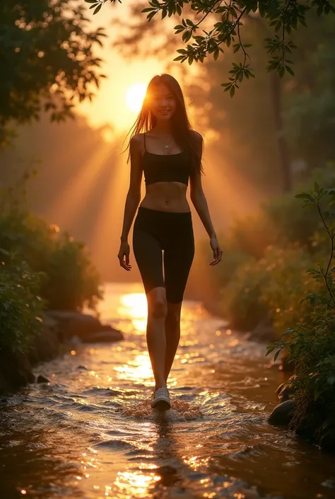 A dynamic shadow play, low shot picture of a pretty young lady, lovely slender body, half bangs, long straight hair, big eyes, porcelain skin wearing crop top, and fit shirt legging. Walking at garden beside of flowing river at sunset, inviting smile. The ...