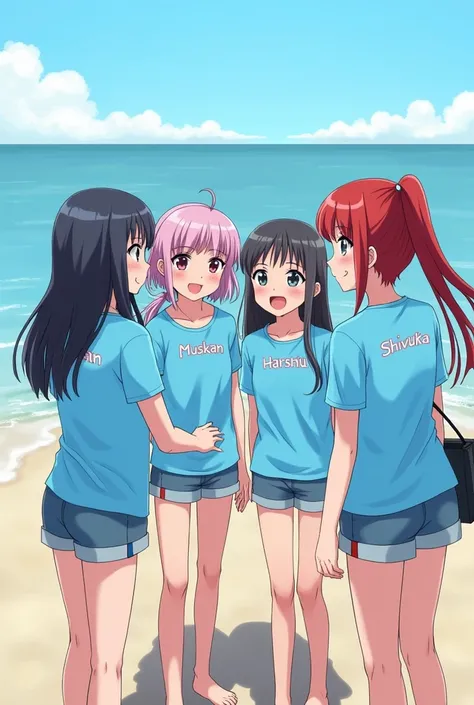 4 girls talking with each other near beach wearing blue shirt and design on their shirt is their names one girl name is MUSKAN another one name is HARSHU and another one name is SHIVUU and last one name is SHIZUKA