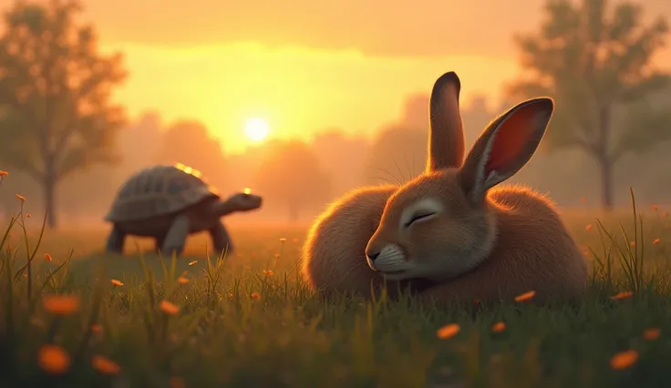 The hare is shown fast asleep, with the sun beginning to lower in the sky. Meanwhile, the tortoise is steadily making progress in the distance. The light shifts to a warm, golden tone, emphasizing the passing time.