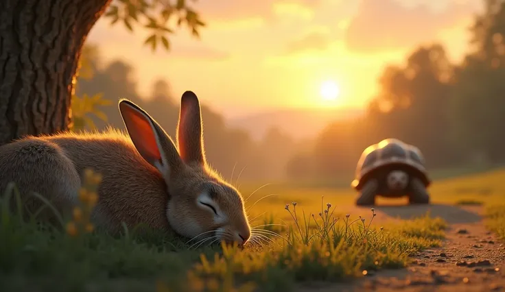 The hare is shown fast asleep, with the sun beginning to lower in the sky. Meanwhile, the tortoise is steadily making progress in the distance. The light shifts to a warm, golden tone, emphasizing the passing time.