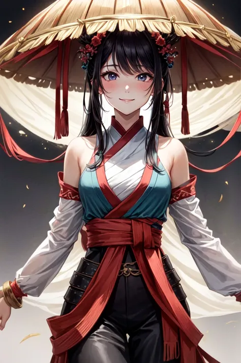 １People Women, Commoner woman, smile, Old Hanfu, Tight waist, Long hair that reaches down to the waist, Straight down hair, Her presence itself is captivating., Three Kingdoms, Five fingers, Wearing light armor, cinematic lighting, cowboy shot, Surrealism,...