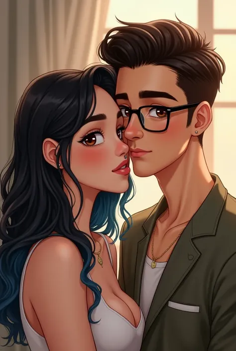 Couple of boyfriends she curvy, big cheeks, black hair with blue, big brown eyes, light skin with a nose piercing and light skin, he straight hair styled up and small rectangular glasses and wide nose.