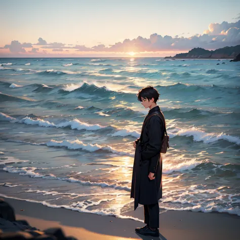 The young man is standing by the sea, looking towards the sea