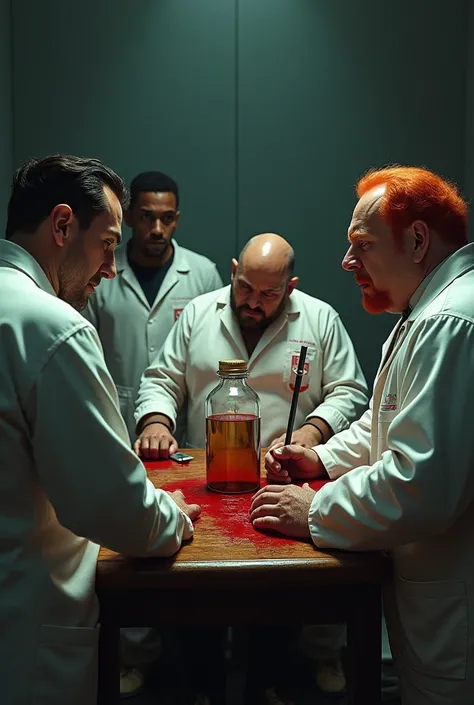 A group of four male chemists around a wooden table. One is fat and with red hair, one is light black, one Italian and one Dutch. The fat one with the red hair has a knife stuck in his back, from where a small amount of blood is coming out. At the center o...