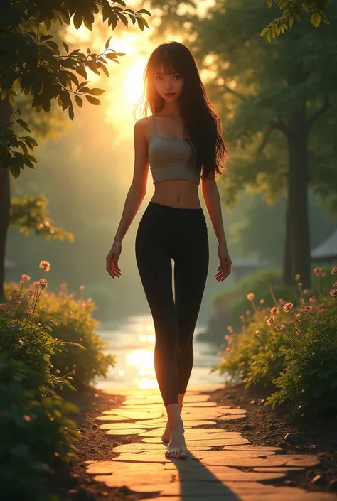 A dynamic shadow play, side view, low shot picture of a pretty young lady, lovely body, half bangs, long straight hair, big eyes, porcelain skin wearing crop top, and fit shirt legging. Walking at garden beside of flowing river at sunset, inviting smile. T...