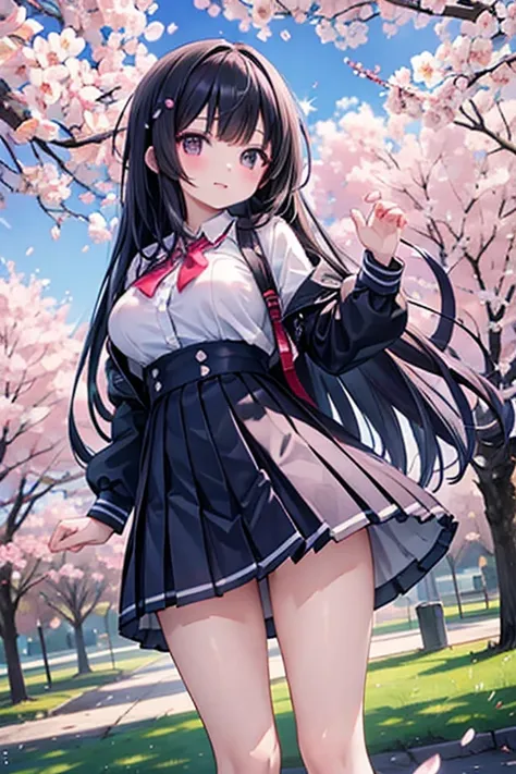 A middle school student stands under a large cherry tree、Many cherry blossoms are scattered in the air、Shooting from a distance、Long black hair、Big Breasts