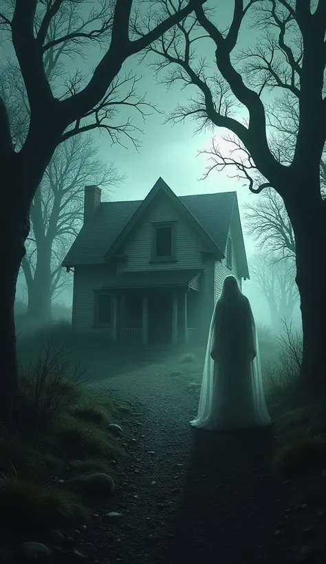 A dark, haunted farmhouse surrounded by gnarled trees, with a ghostly figure lurking in the shadows.