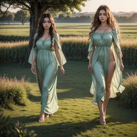 A young and beautiful queen walking through a very green meadow at dawn. She wears light, flowing clothes, and has long, silky, curly hair. Next to her is a huge lion that accompanies her, and has an intimidating look.