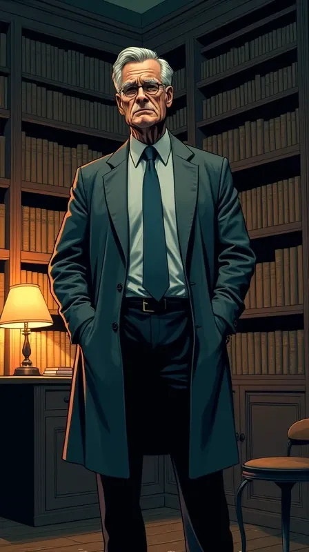 50-year-old male、psychologist、A room with a lot of books、Dignified face、Standing and greeting、night、The lighting in the room is dim、American comic style