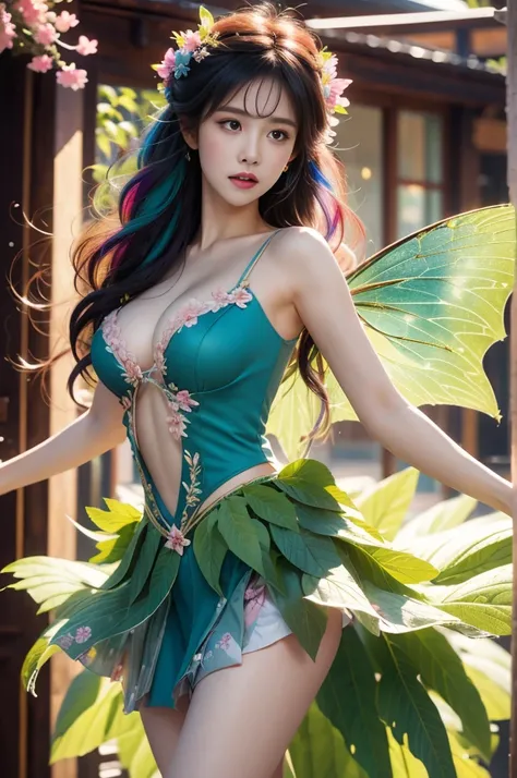 fairy dress sweet girl, Multi-colored hair，Striped hair，Cross Bangs，Messy hair，Colored contact lenses，Flower-shaped pupil，make up，shy，Blush，Parted lips，Heavy breathing，moan，torogao，Surrealism，Realism，Movie Lighting，Relief，Sony FE GM，Retina，masterpiece，prec...