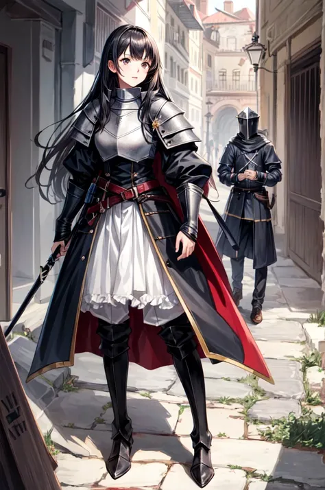 １People Women, Black-haired Templar Knight, Girl in knight&#39;s armor, smile, Old Hanfu, Tight waist, Long hair that reaches down to the waist, Straight down hair, Her presence itself is captivating., Three Kingdoms, Five fingers, cinematic lighting, cowb...