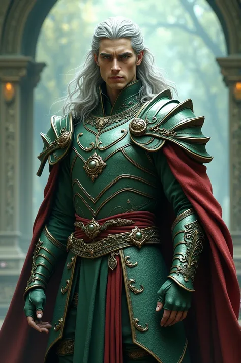 man,Handsome, fair skin, silver and long hair, green eyes, wearing a dragon warrior costume. 