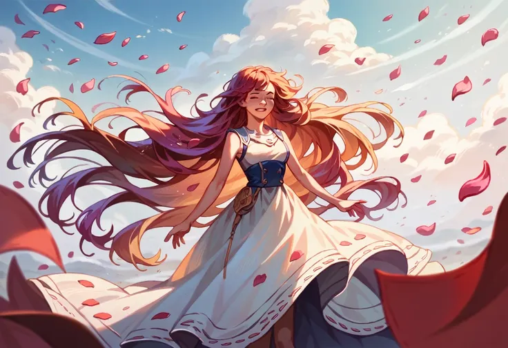 wind, fluttering petals,,random color hair, super long hair, wavy, one person, detailed, complex,(2d:1), (masterpiece, awards, h...