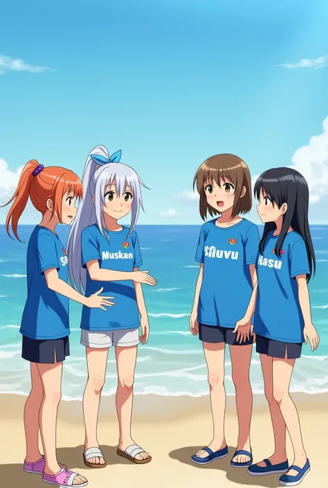 4 girls talking with each other near beach wearing blue shirt and design on their shirt is their names one girl name is MUSKAN another one name is HARSHU and another one name is SHIVUU and last one name is SHIZUKA