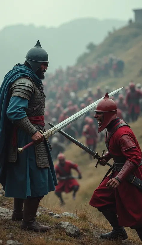 4K, dark fantasy, medieval period, close up faces of a mamluk soldier locks sword wearing bluish color body Armor standing uphill with mongol soldiers with lesser height who standing down hill and mongol army wearing red colour Armor, both soldiers on a hi...