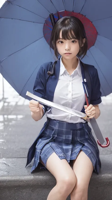 (dynamic pose hand holding a umbrella gripping umbrella in hand:1.5),(Japanese 6th grade girl),(School uniform with skirt),((Open-legged position)),(Sitting with legs apart),(Leg spread),(((Blue checked panties are visible))),(Preparing for the typhoon),((...