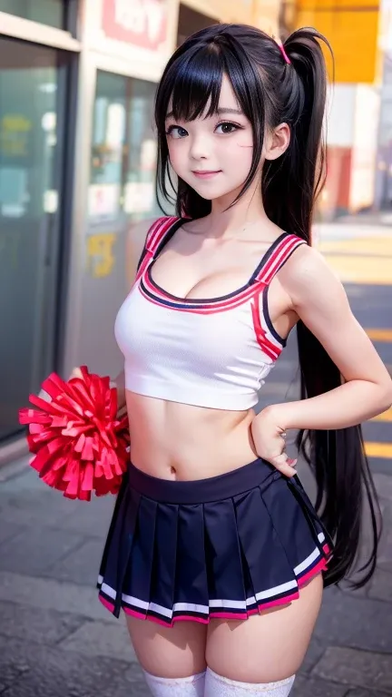 Japanese schoolgirl, Kiddie,Neon-colored cheerleader cosplay,No sleeve,  (smile:0.7), Suggestive,(Hair Black hair:1), Cleavage, (Small breasts)