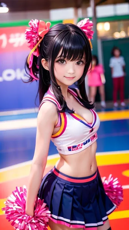 Japanese schoolgirl, Kiddie,Neon-colored cheerleader cosplay,No sleeve,  (smile:0.7), Suggestive,(Hair Black hair:1), Cleavage, (Small breasts)