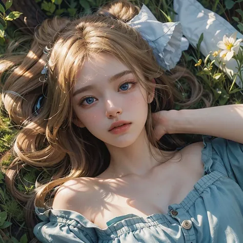 masterpiece: 1.2, Portraiture, Highest quality), Realistic, (Live Action, Intricate details, Written boundary depth), Highest quality, masterpiece, Attention to detail, semi-Realistic, Sleeping on the grass, shy, 21 years old, Short blonde, blue eyes, blon...