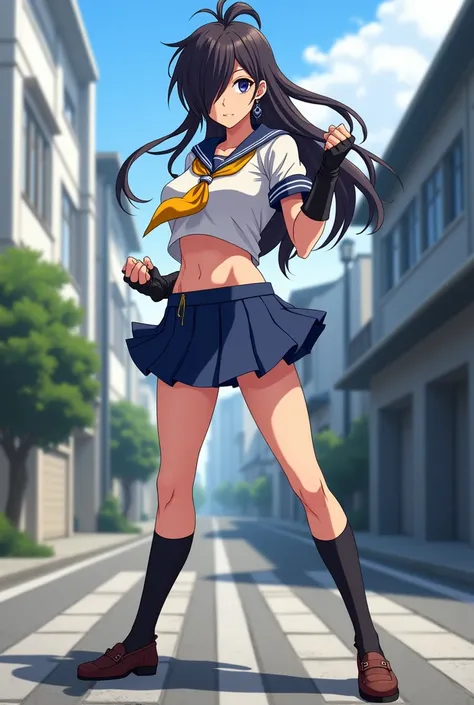 ((masterpiece,best quality, detailed)), 1girl, solo, outdoors, street, fighting pose, serious, 
kanu unchou, fingerless gloves, serafuku, midriff, loose socks, pleated skirt, yellow neckerchief, earrings, low-tied long hair, hair over one eye, loafers