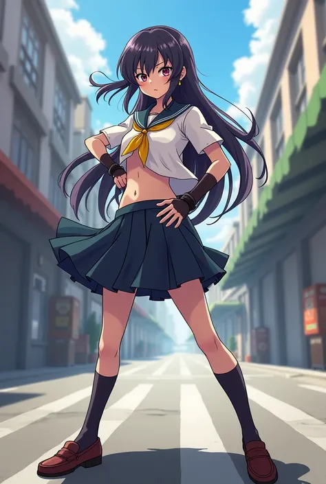 ((masterpiece,best quality, detailed)), 1girl, solo, outdoors, street, fighting pose, serious, 
kanu unchou, fingerless gloves, serafuku, midriff, loose socks, pleated skirt, yellow neckerchief, earrings, low-tied long hair, hair over one eye, loafers