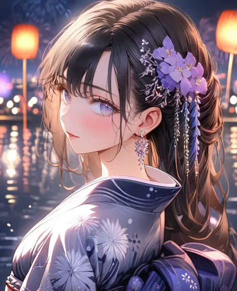 8k,Ephemeral beauty，Very delicate and beautiful,Beautiful and realistic skin,Earrings that shine like jewels,Black Hair、Long and colorful hair,Beautiful Eyes,good,Beautiful night sky、firework、yukata