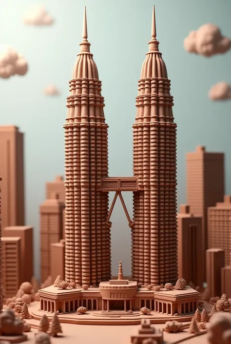 a clay sculpture of the Petronas Twin Towers in Kuala Lumpur, Malaysia, (best quality,4k,8k,highres,masterpiece:1.2),ultra-detailed,(realistic,photorealistic,photo-realistic:1.37),extremely detailed clay sculpture, clay texture, realistic clay material, de...