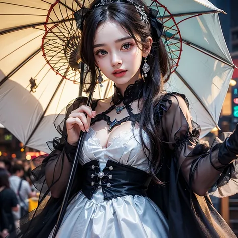 A woman holding a parasol stands on top of a hill、Gothic Dress、青空と雲1 person, Highest quality, masterpiece, Ultra-high resolution, (Realistic:1.4), RAW Photos, 1 person, Cinema Lighting,((Highest quality、masterpiece、8k、Best image quality、Ultra-high resoluti...