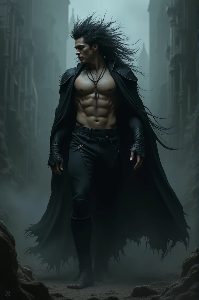 Man with a gymnasts body, spiky, black and long hair, and the completely dark attire of the Black Death. 