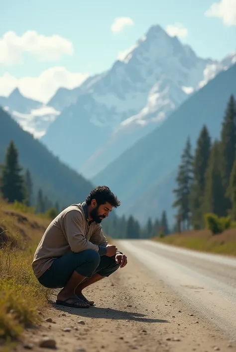 Indian pooping on road , mountains behind