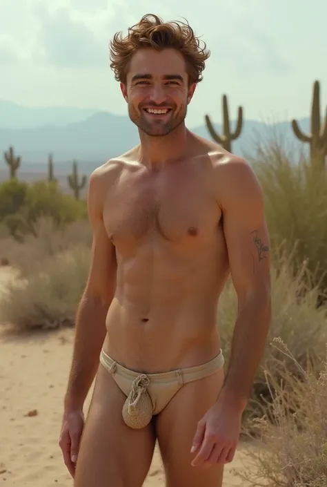 Robert Pattinson looking straight ahead smiling, Naked in the desert, Naked you can see his erect penis and testicles, He is masturbating and has his erect penis held with his right hand, full body, there are cacti and weeds, is in a sexy pose, showing his...